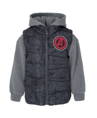 Boys Marvel Zip Up Vest 2fer Jacket and Pullover Fleece Hoodie