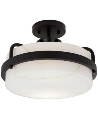 Bregman 13" Modern Semi Flush-Mount Ceiling Light Fixture Kitchen Foyer Drum Black Finish White Stone Glass