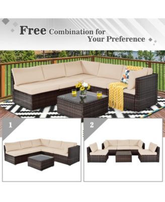 Set of 6 Rattan Furniture Set Patio Cushioned Sofa Coffee Table