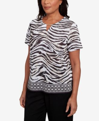 Women's Beaded Split Neck Animal Print Top