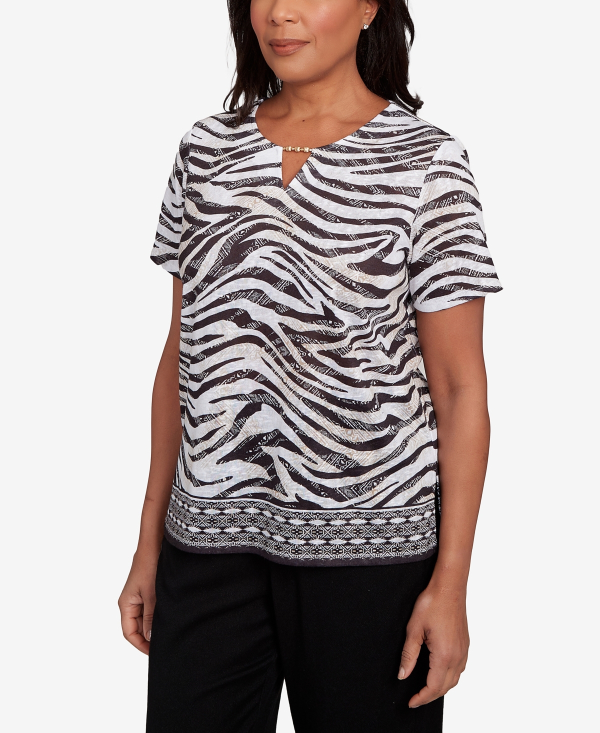 Alfred Dunner Women's Beaded Split Neck Animal Print Top In Multi