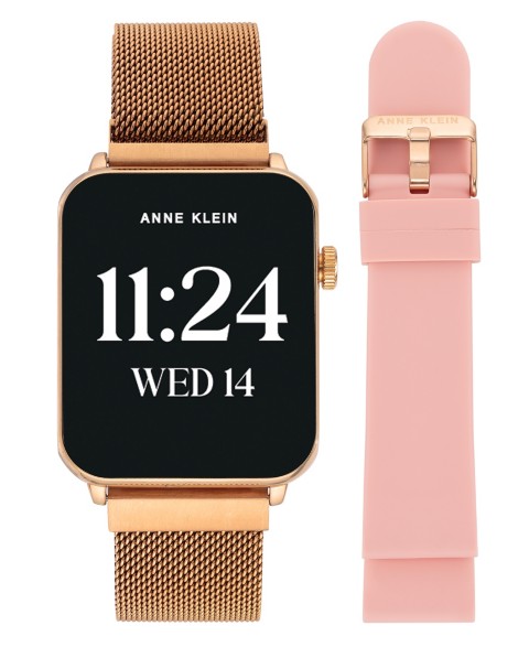 Anne Klein Women's Connect It Stellar Smartwatch with Rose Gold-Tone Stainless Steel Mesh and Pink Silicone Band, 45mm