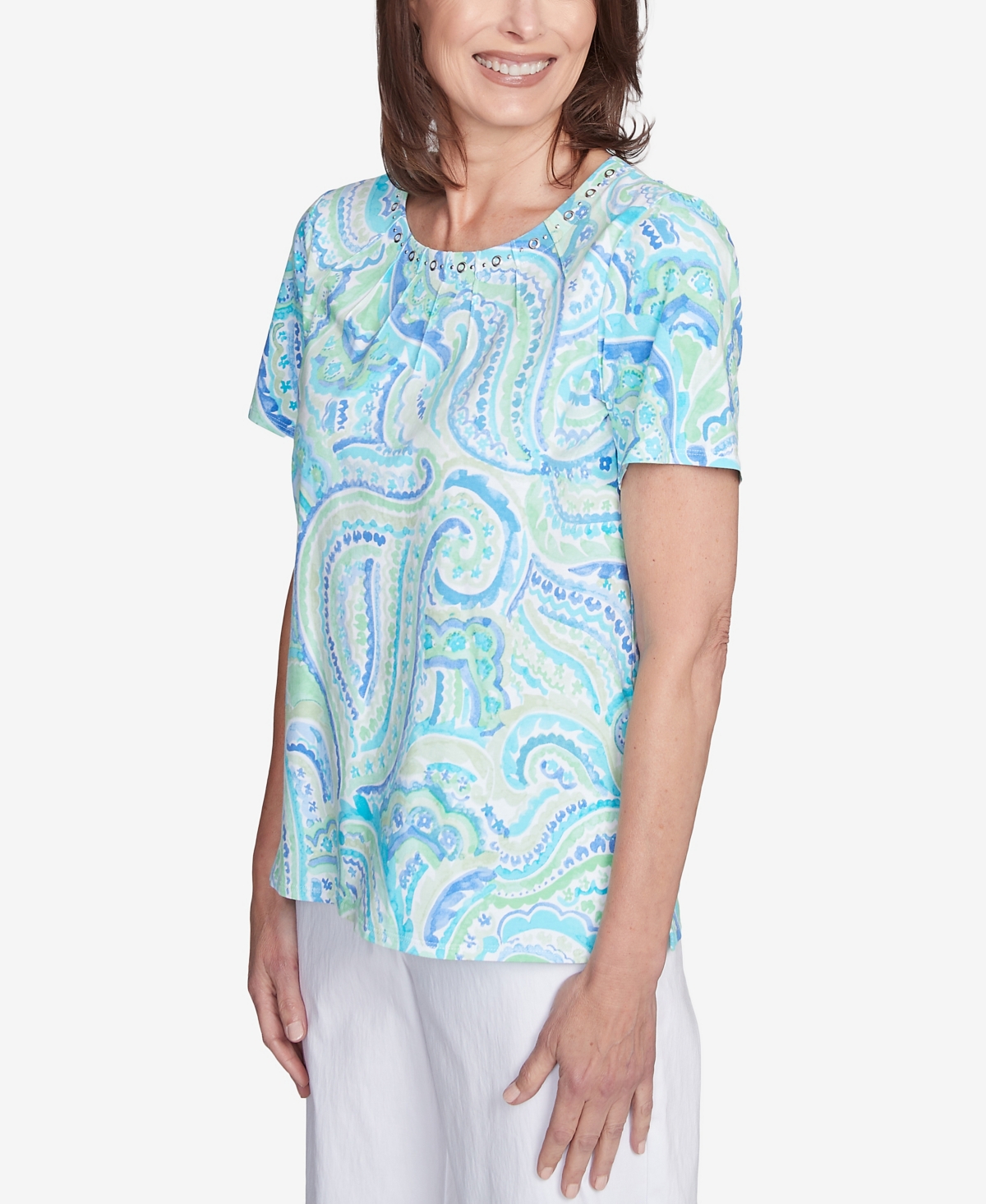 Alfred Dunner Petite Pleated Crew Neck Paisley Top In Mublue