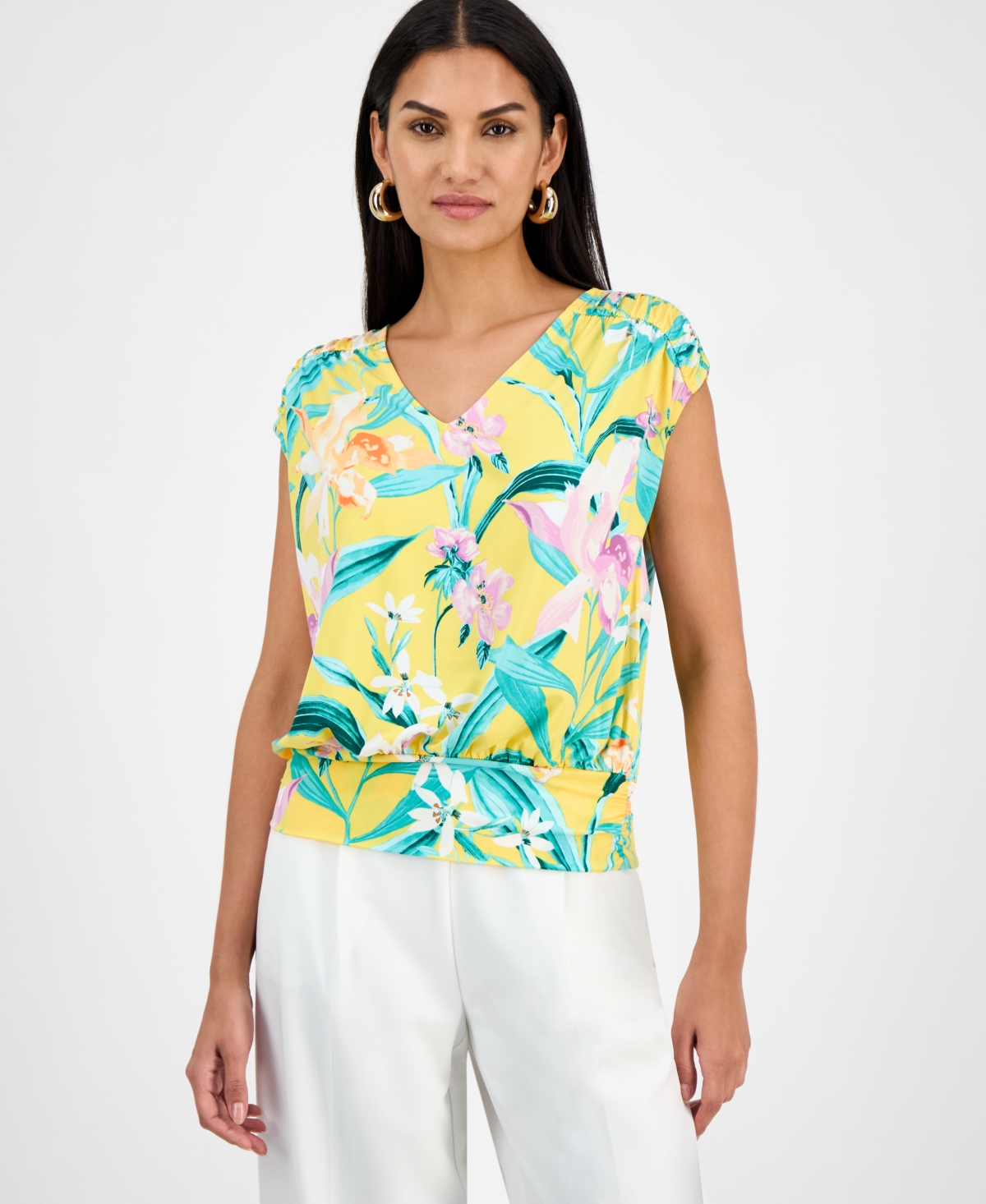 Women's Printed Ruched Cap-Sleeve Top, Exclusively at Macy's - Tali Pink