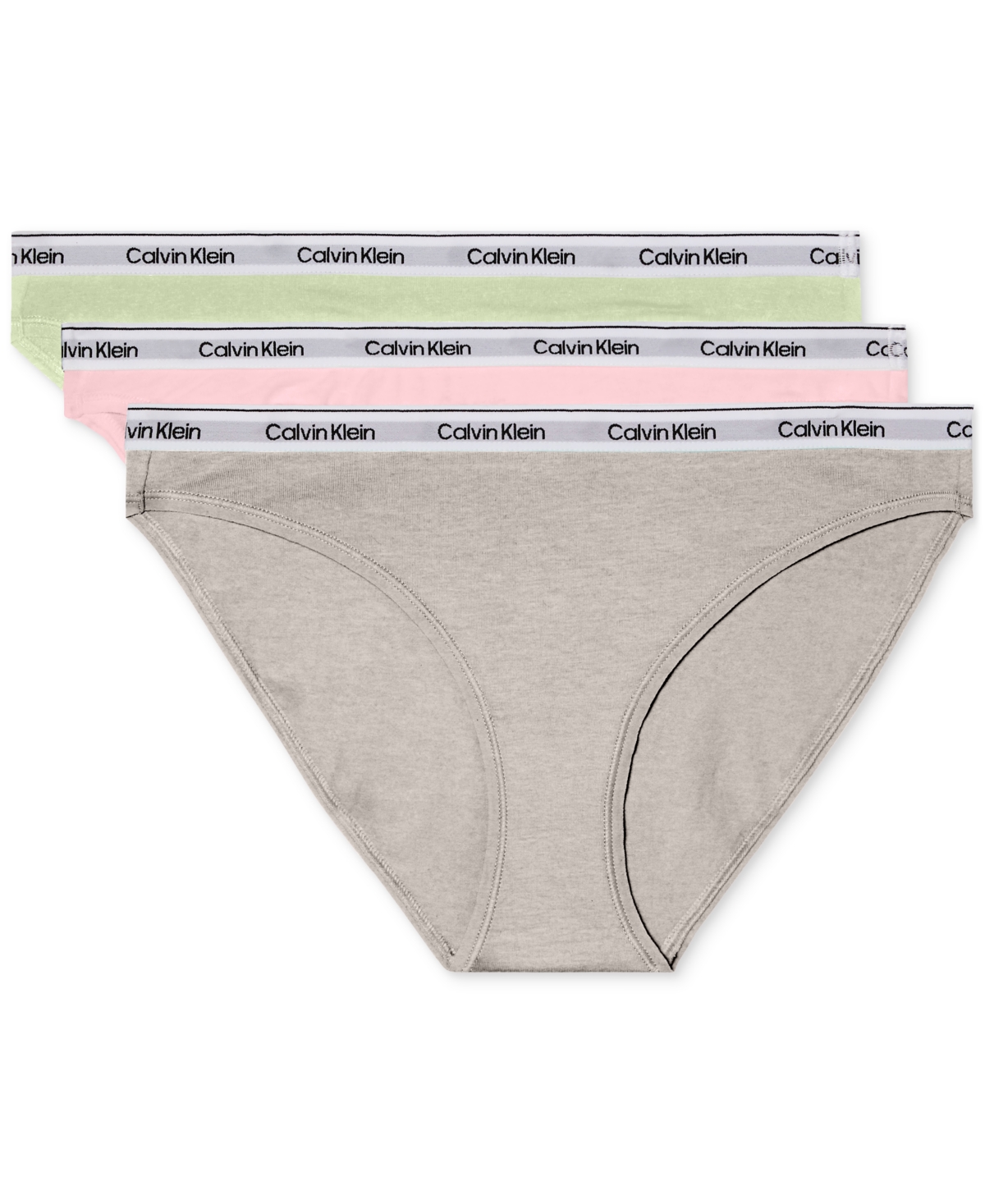 Shop Calvin Klein Women's Modern Logo 3-pack Bikini Underwear Qd5207 In Highline Green,buff Pink,grey Heather