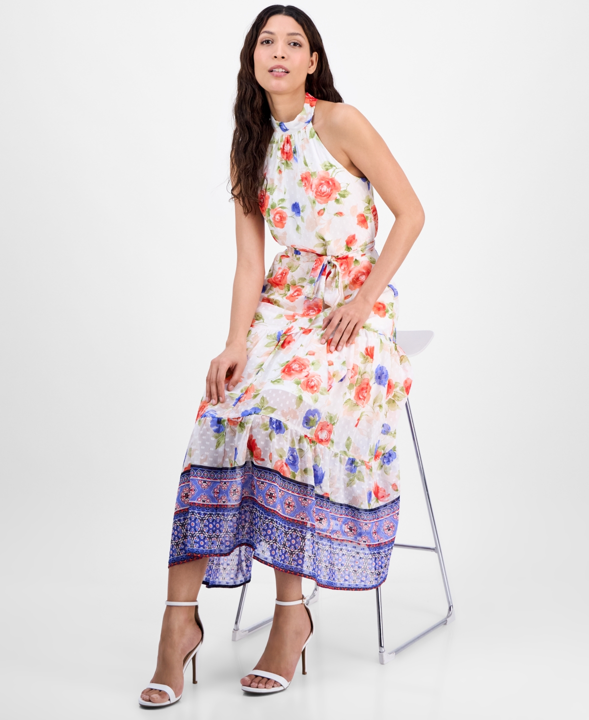 Shop Anne Klein Women's Printed Chiffon Sleeveless Midi Dress In Pearl White Multi