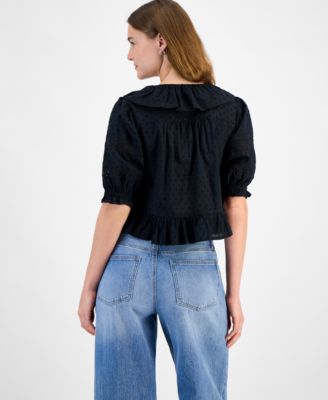 Women's Cotton Ruffled Cropped Elbow-Sleeve Blouse, Exclusively at Macy's