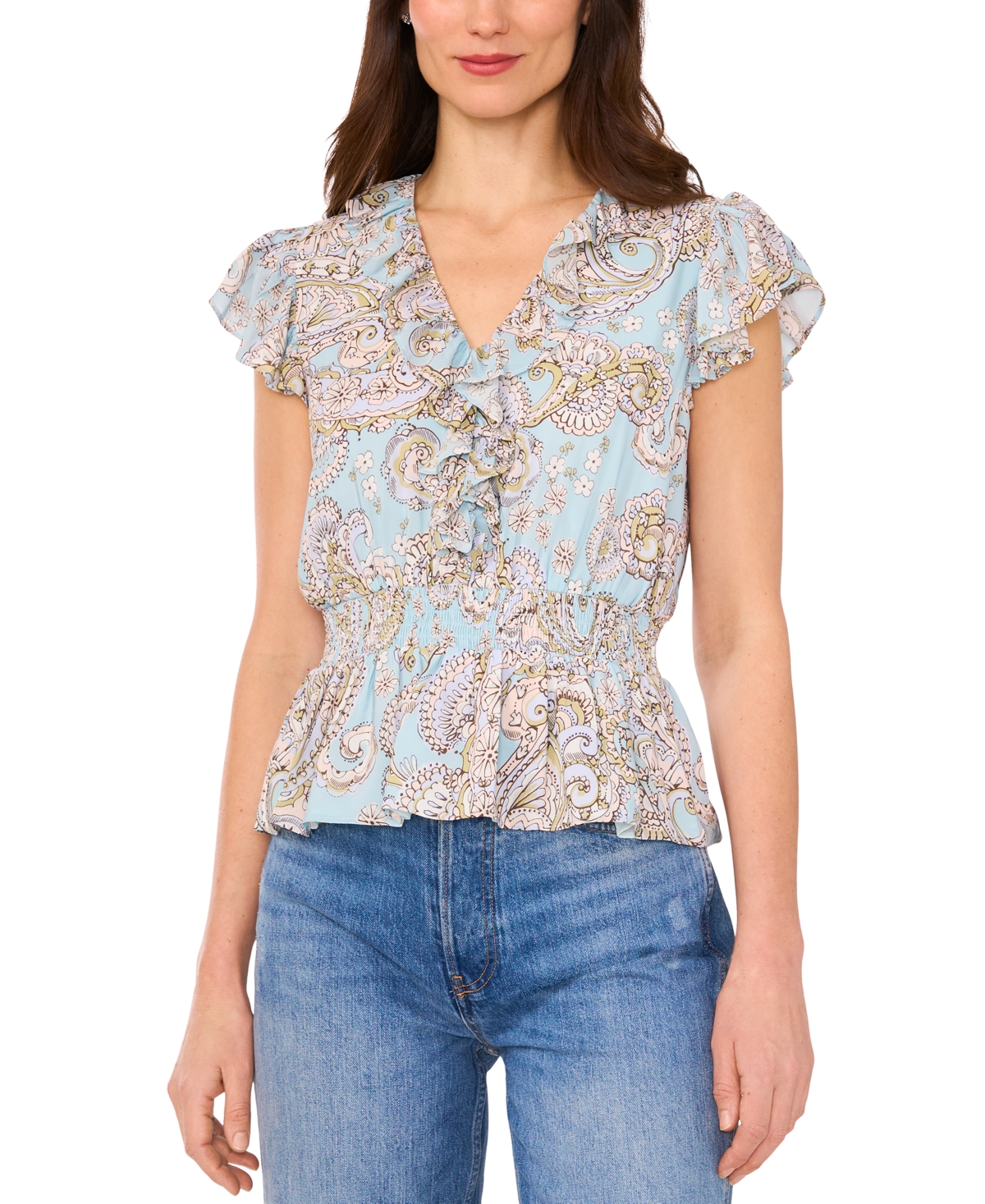 Women's The Margot Paisley-Print Ruffled Top - Robins Egg