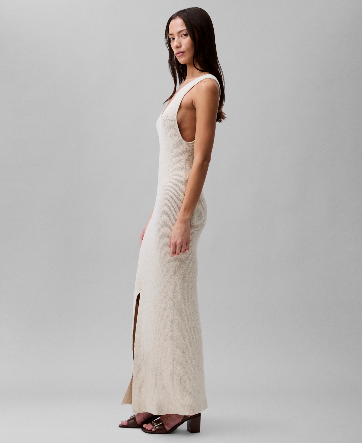 Calvin Klein Women's Sleeveless V-neck Rib Knit Maxi Dress In Summer Sand