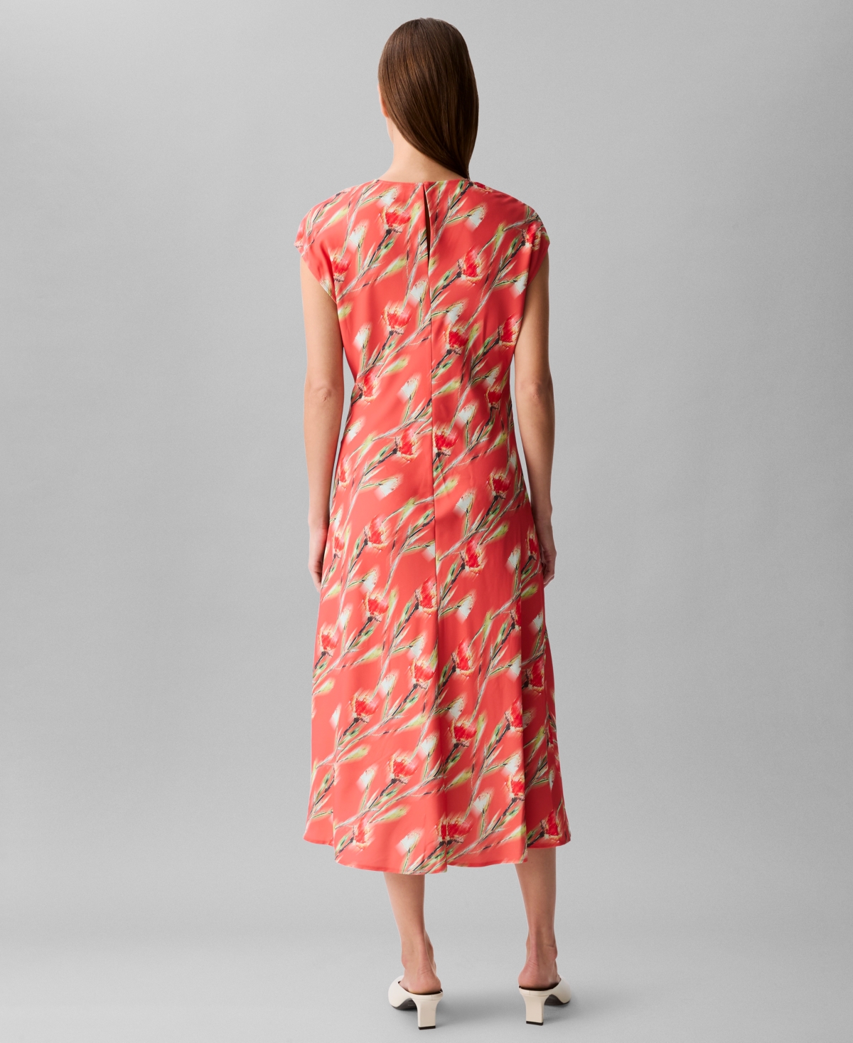 Shop Calvin Klein Women's Cap Sleeve Printed Satin Midi Dress In Orange Floral