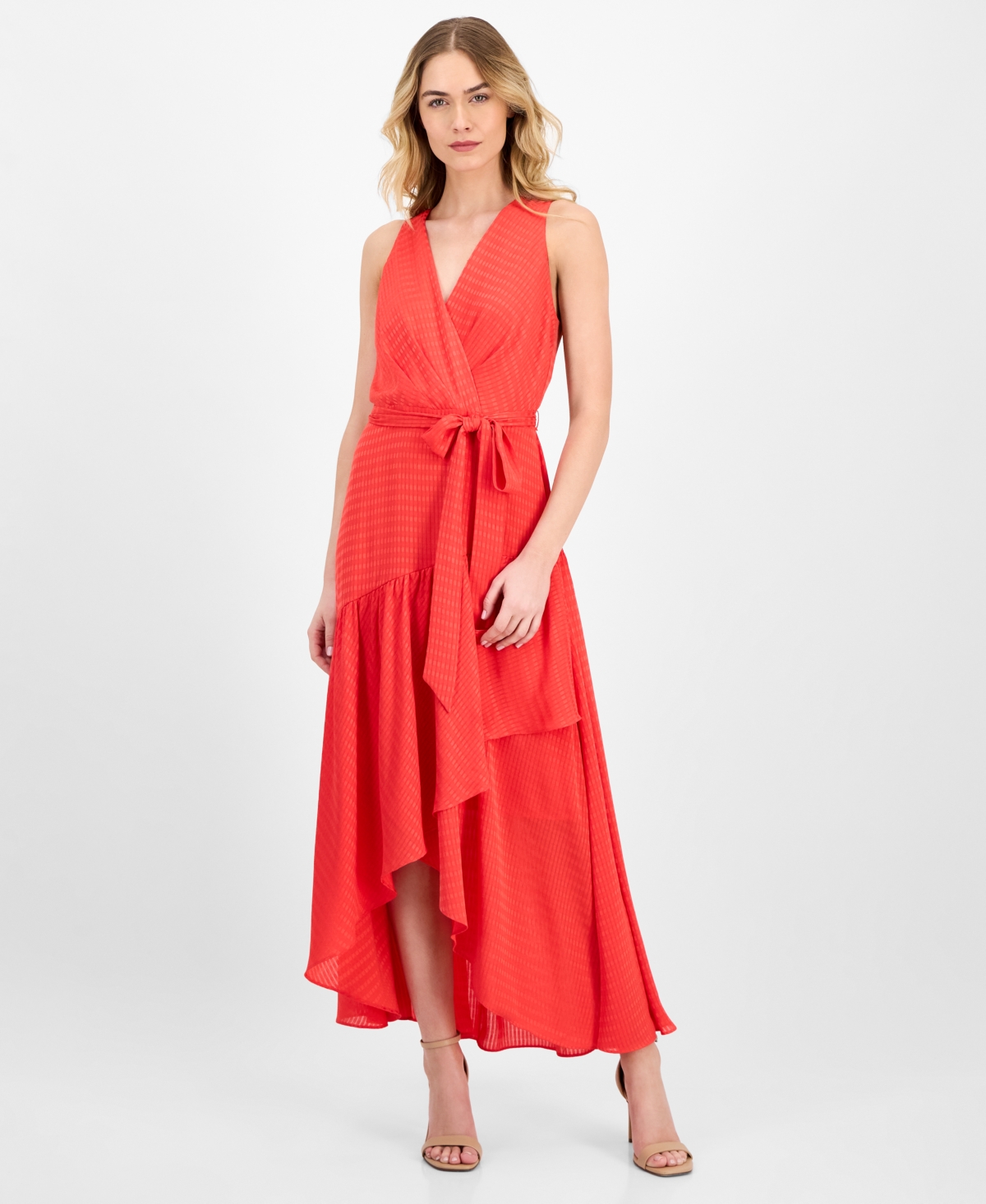 Shop Anne Klein Women's Tie-waist Ruffled-hem Satin Maxi Dress In Hibiscus Red