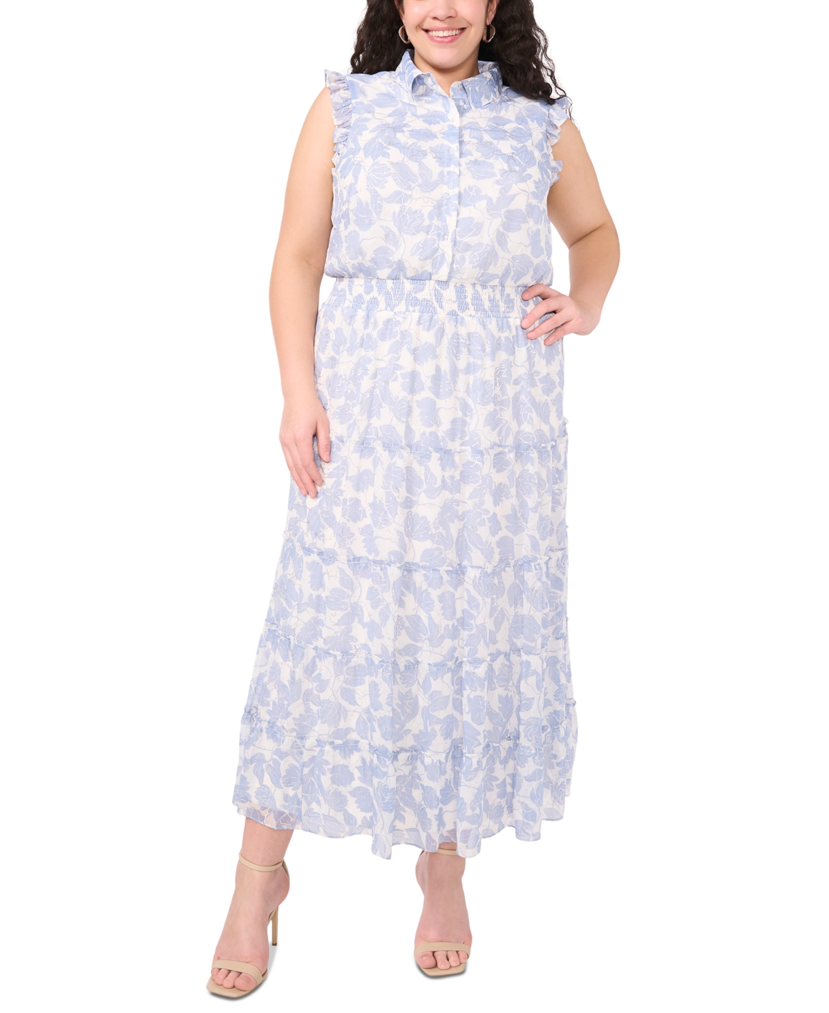 Msk Plus Size Floral-print Tiered Maxi Dress In Rainwash