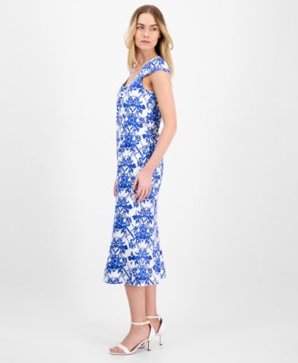 Printed Sweetheart-Neck Short-Sleeve Midi Dress