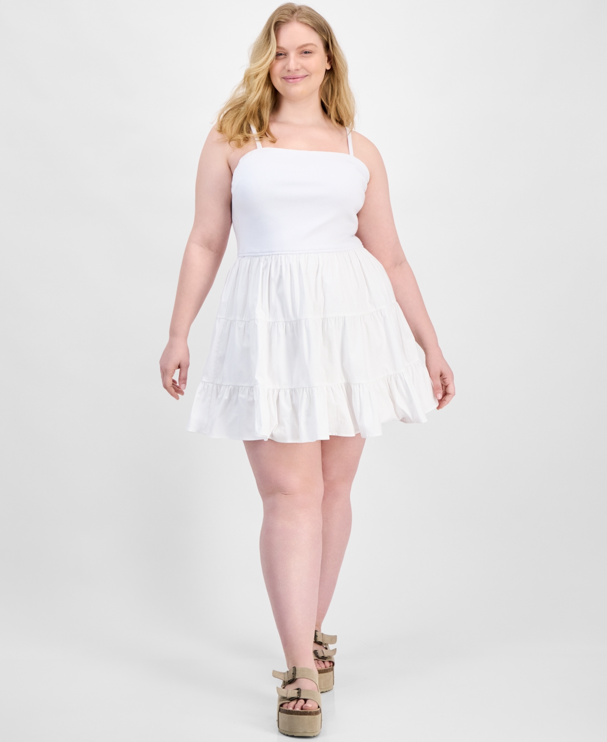 Trendy Plus Size Sleeveless Tiered Bubble Minidress - White