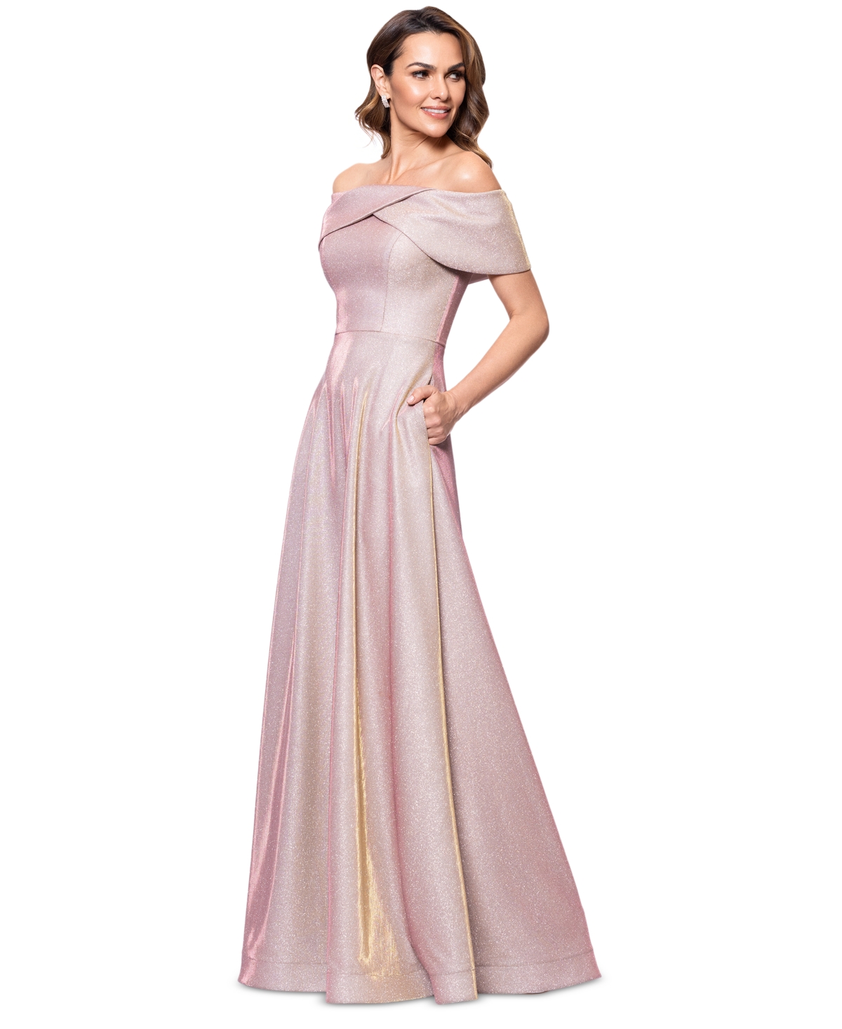 BETSY & ADAM WOMEN'S OFF-THE-SHOULDER GLITTER GOWN 