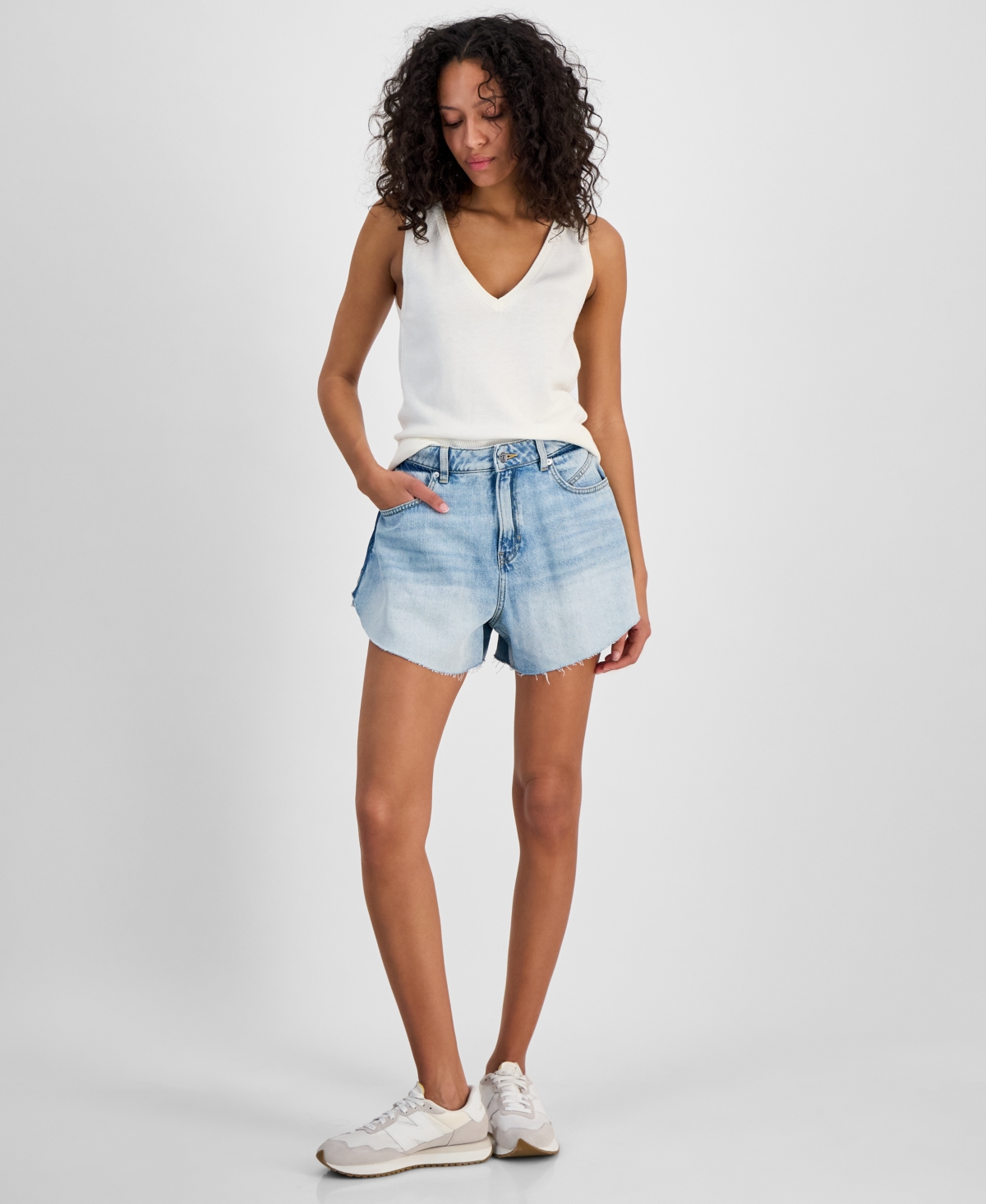 HUGO BOSS WOMEN'S RAW SHAPED-HEM DENIM SHORTS 