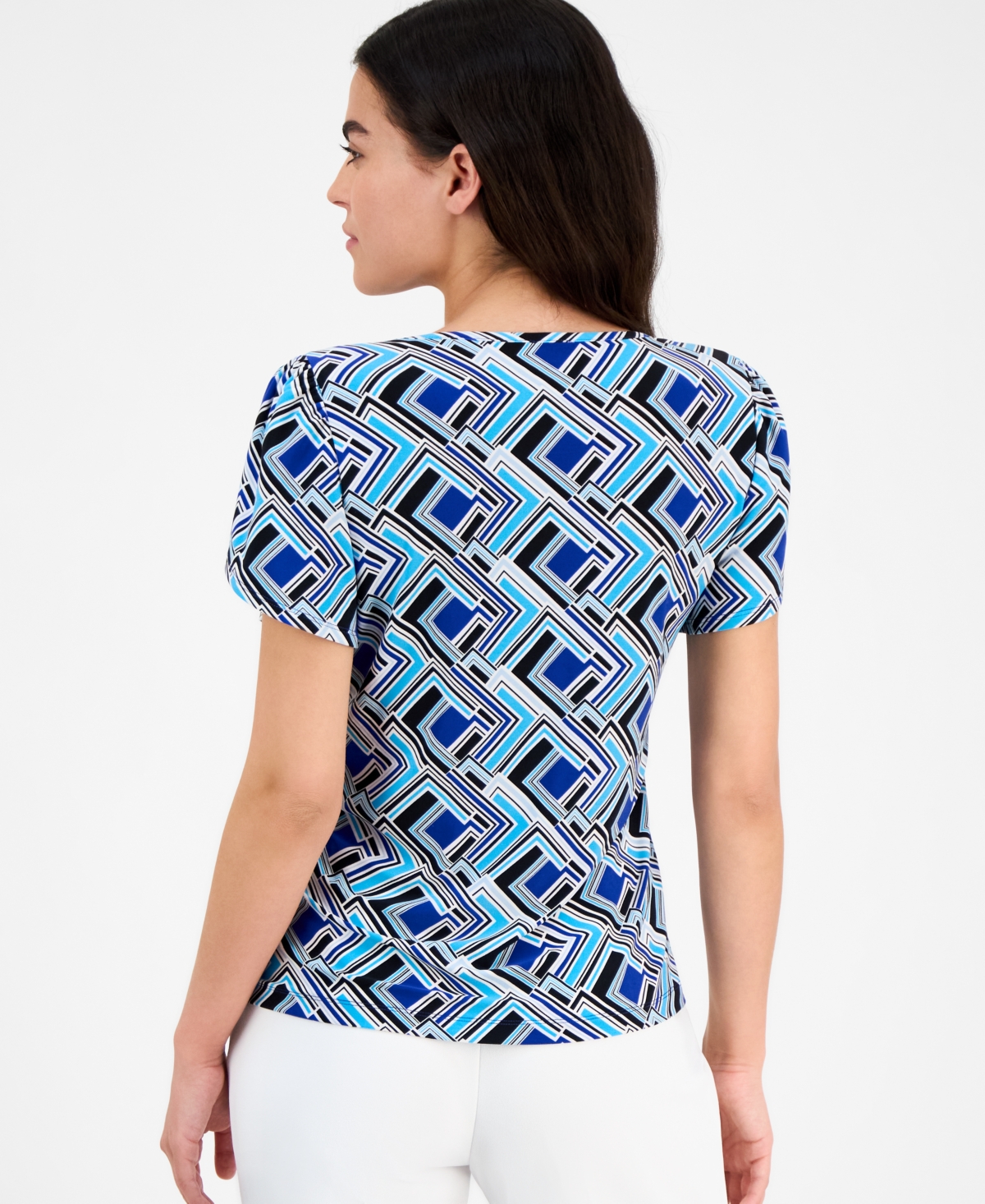 Ak Anne Klein Petite Geo-print Tulip-sleeve Top In Santorini Blue Multi