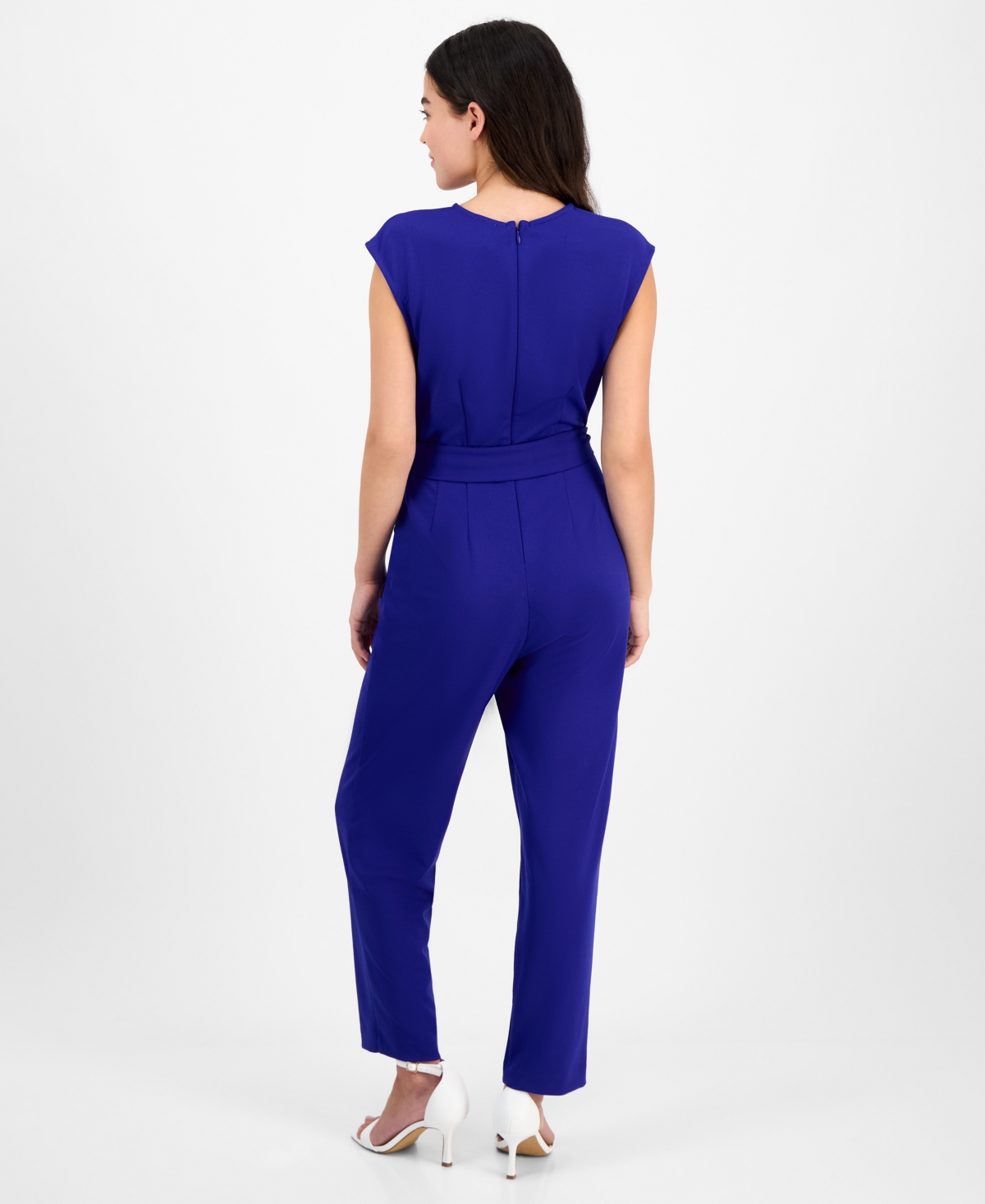 Ak Anne Klein Petite V-neck Belted Crepe Jumpsuit