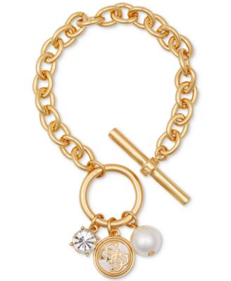 GUESS - Gold-Tone Mixed Stone Logo Charm Link Bracelet