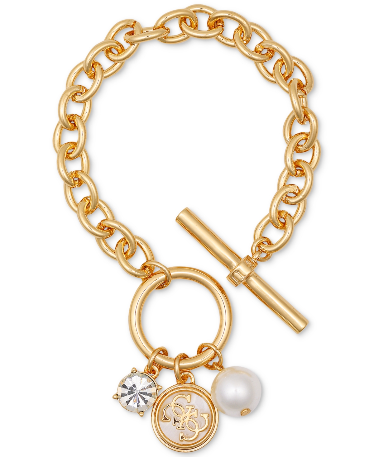 Guess Gold-tone Mixed Stone Logo Charm Link Bracelet In Gold