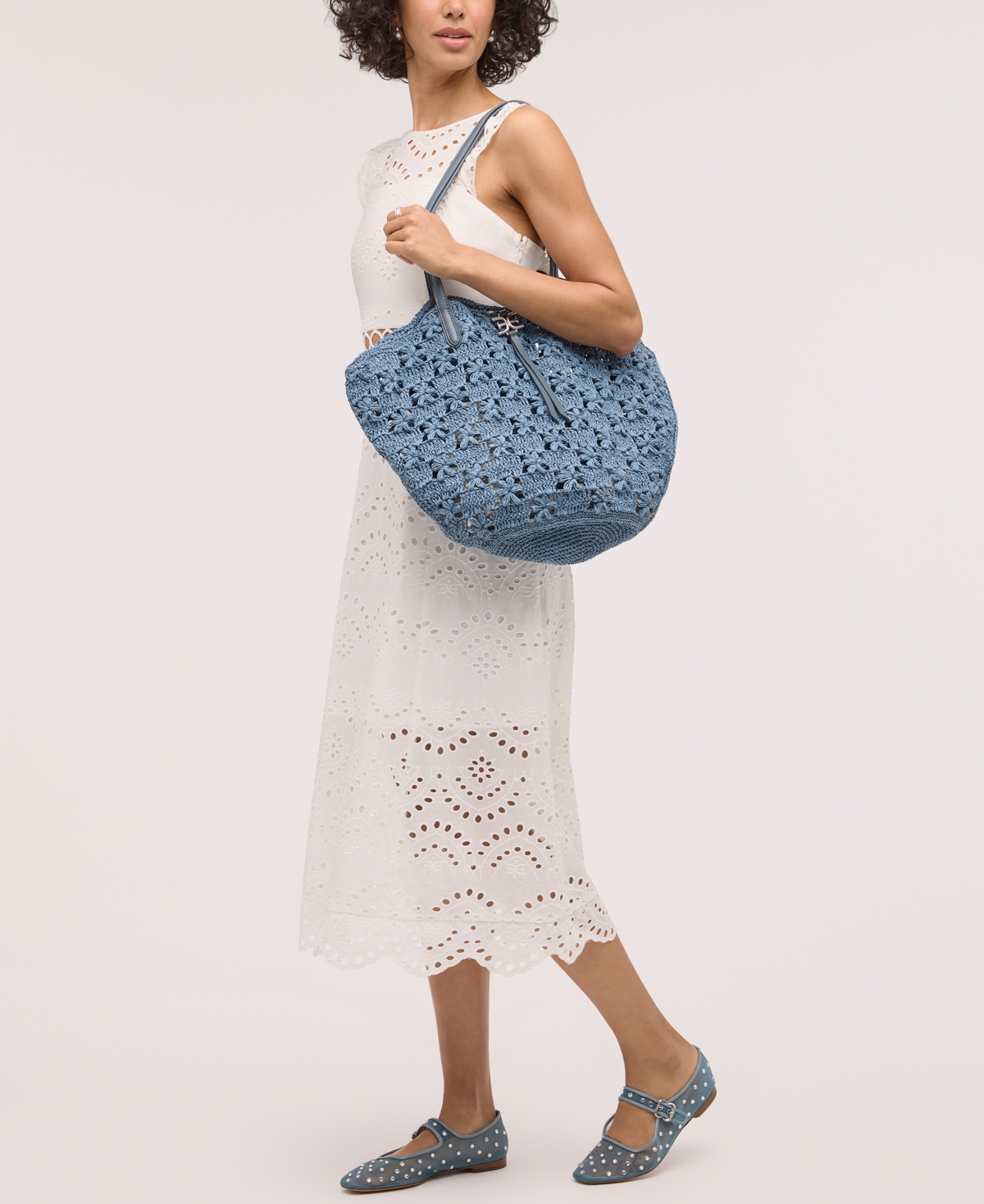 Sam Edelman Layla Floral Raffia Fan Tote In Denim Blue