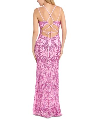 Juniors' Strappy V-Neck Sequined Gown