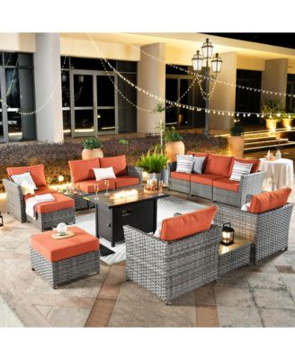13 Piece Outdoor Wicker Patio Set with Sectional Sofa, 42" Fire Pit, Swivel Chairs, Ottomans & Coffee Table