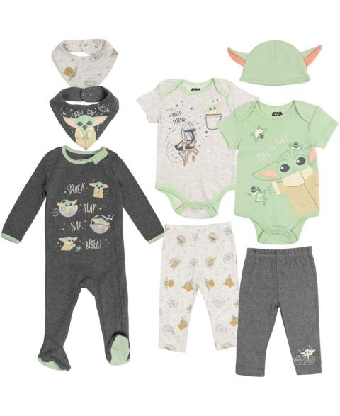 Комплекты The Mandalorian Star Wars Yoda Bodysuits Sleep N' Play Pants Hat and Bibs 8 Piece Outfit Set для мальчиков-малышей, цвет: Белый / Зелёный