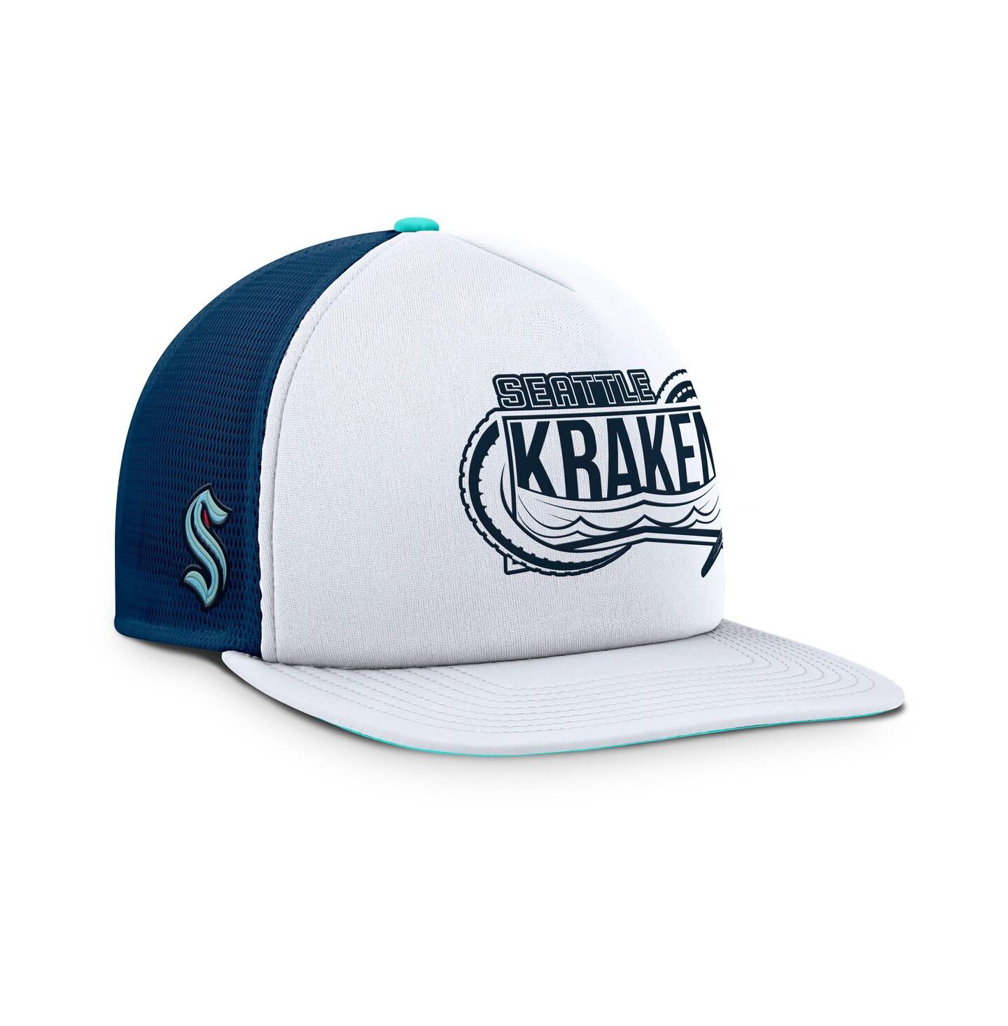 Мужская кепка Fanatics White/Deep Sea Blue Seattle Kraken Authentic Pro Hometown Rink Foam Trucker Snapback Hat — фото 1