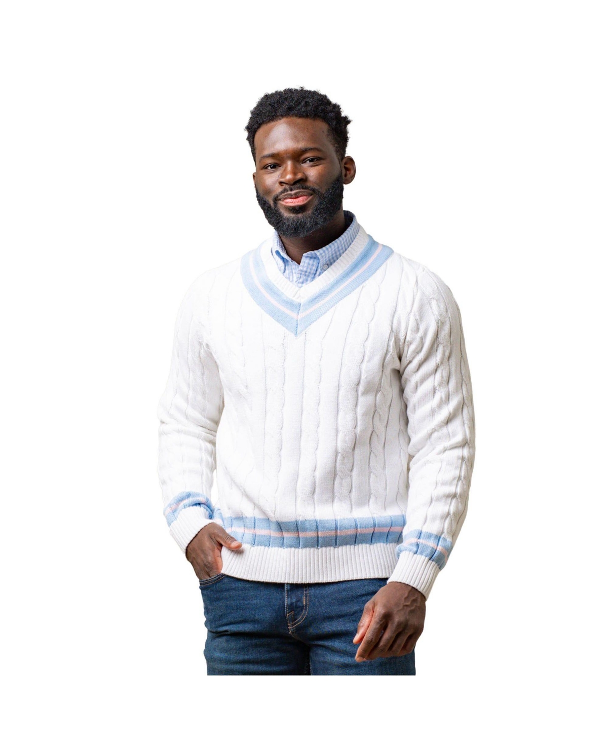 Men's V-Neck Cricket Sweater - White with blue and pink