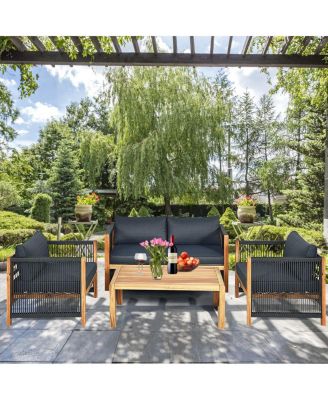 8PCS Patio Furniture Set Acacia Wood Outdoor Sofa W/Nylon Rope Armrest Cushions