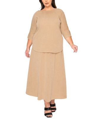 Plus Size Textured Rib Button Shoulder 3/4 Sleeve Top