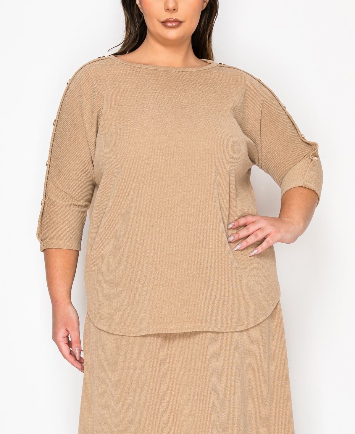 Plus Size Textured Rib Button Shoulder 3/4 Sleeve Top - Taupe