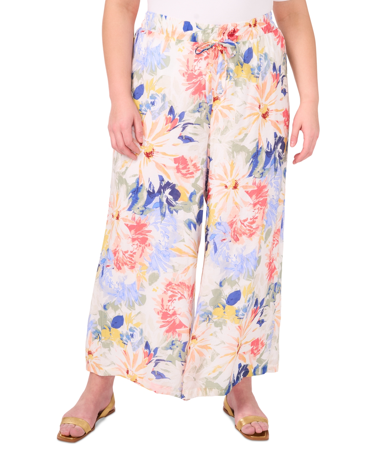 Vince Camuto Plus Size Floral Angled-hem Wide-leg Pants In Ultra White