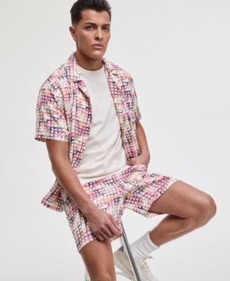 Men's Squared Up Relaxed-Fit Geo-Print Button-Down Shiny Twill Camp Shirt & Relaxed-Fit Geo-Print 6-1/2" Shiny Twill Shorts, Exclusively at Macy's