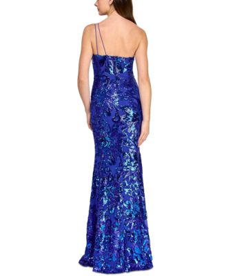 Juniors' One-Shoulder Floral-Sequin Gown