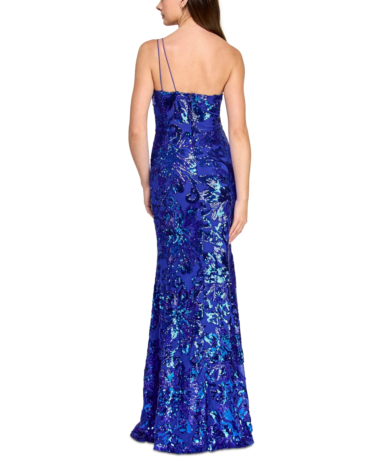 Crystal Doll Juniors' One-shoulder Floral-sequin Gown In Royal