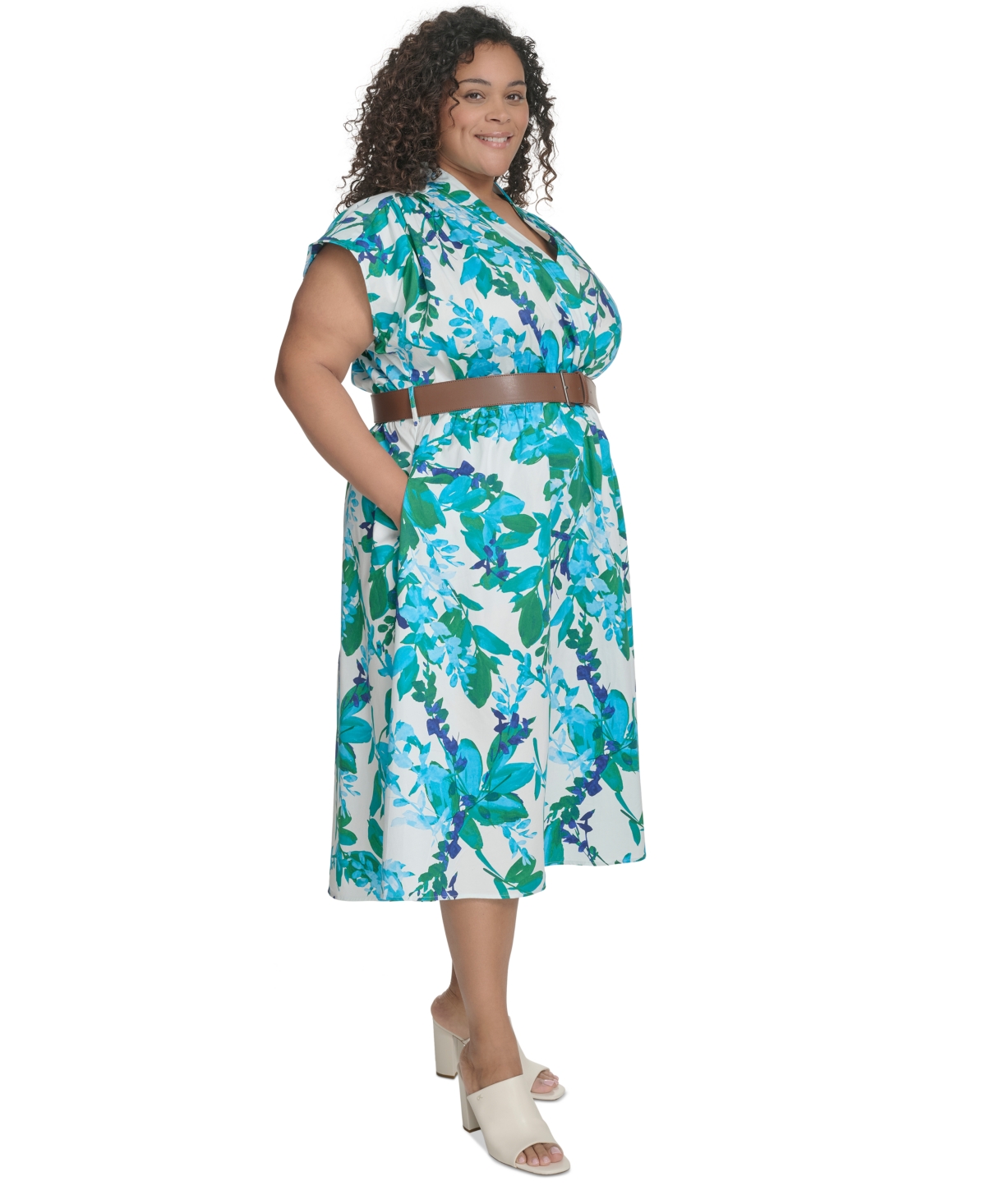 CALVIN KLEIN PLUS SIZE FLORAL-PRINT BELTED MIDI DRESS 