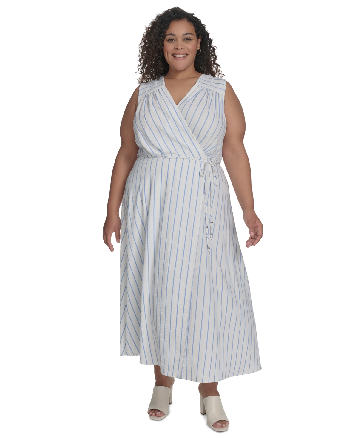 CALVIN KLEIN PLUS SIZE STRIPED FAUX-WRAP MAXI DRESS 