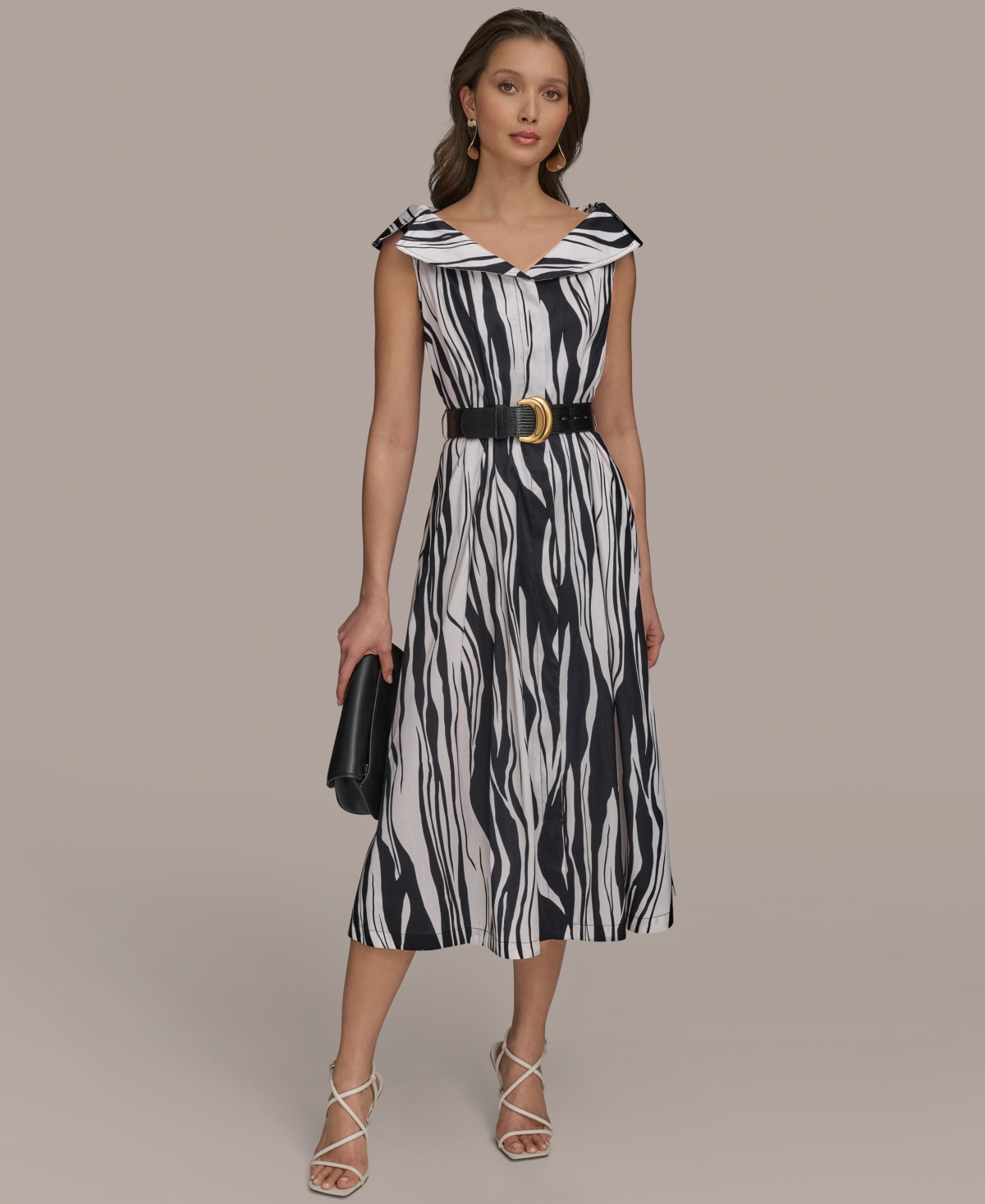 Donna Karan New York Zebra Print Notched Lapel Belted Midi Dress In Black Pristine