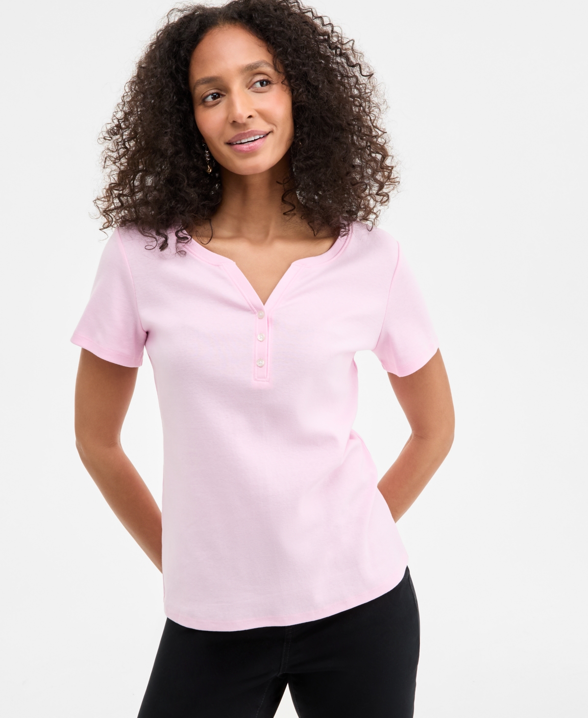 Style & Co Women's Short-sleeve Cotton Henley Top, Created For Macy's