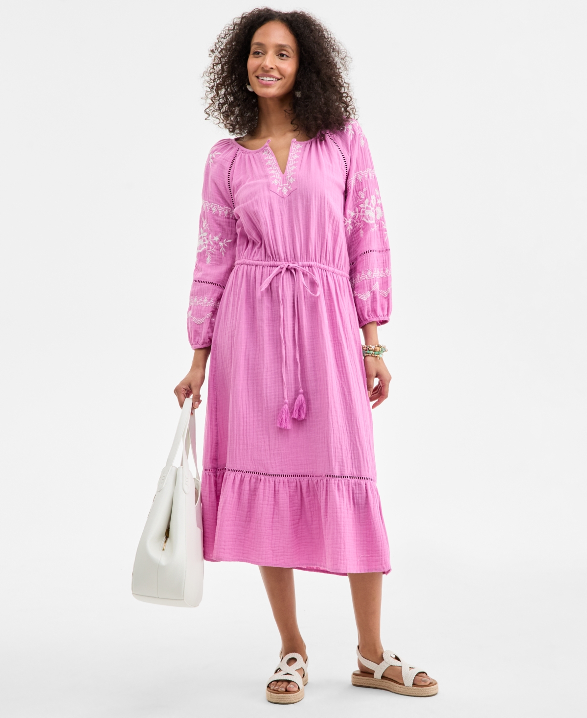 Petite Cotton Embroidered Tassel-Tie Midi Dress, Exclusively at Macy's - Plum Ice