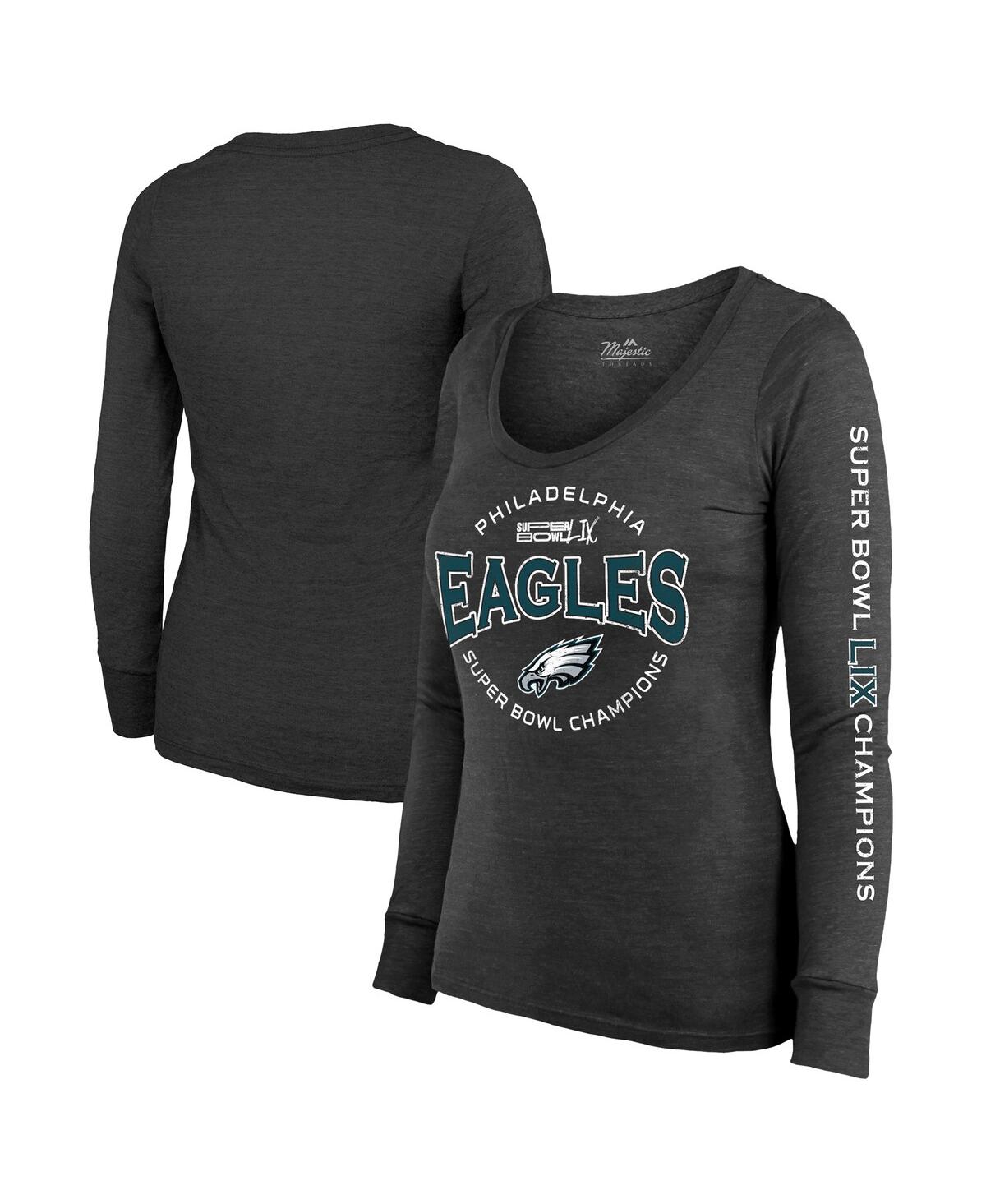 Shop Majestic Women's Black Philadelphia Eagles Super Bowl Lix Champions Highlight Tri-blend Scoop Neck Long Sleev