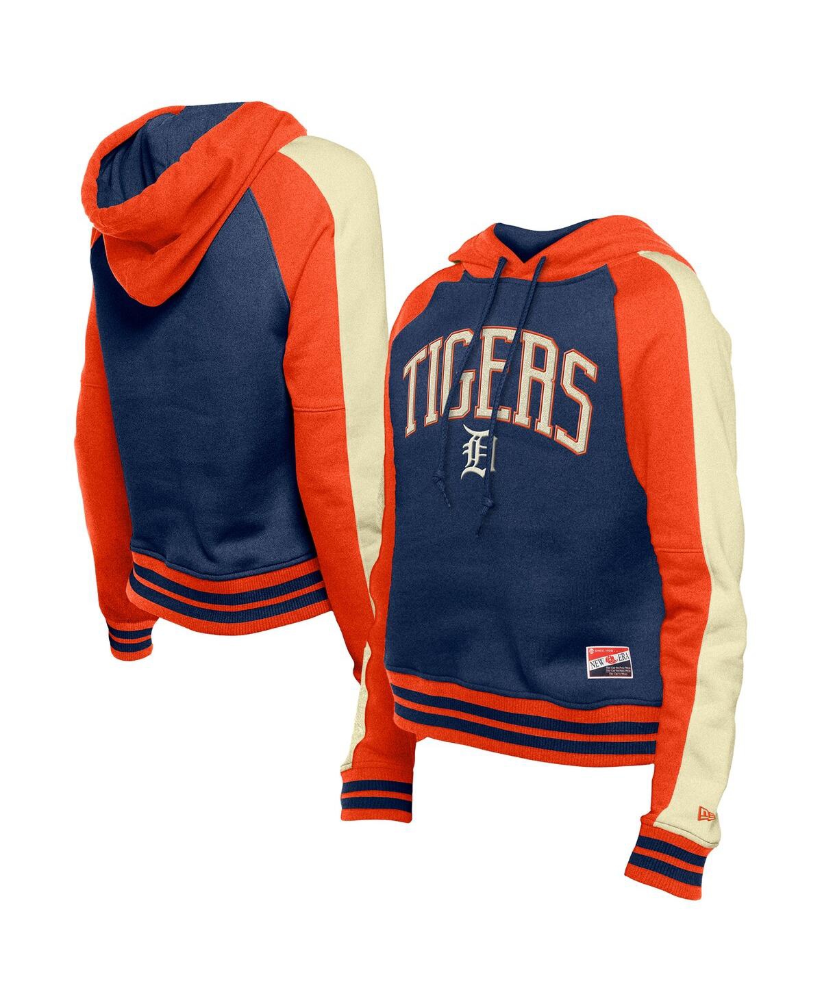NEW ERA WOMEN'S NAVY DETROIT TIGERS COOPERSTOWN COLLECTION CROPPED RAGLAN PULLOVER HOODIE 