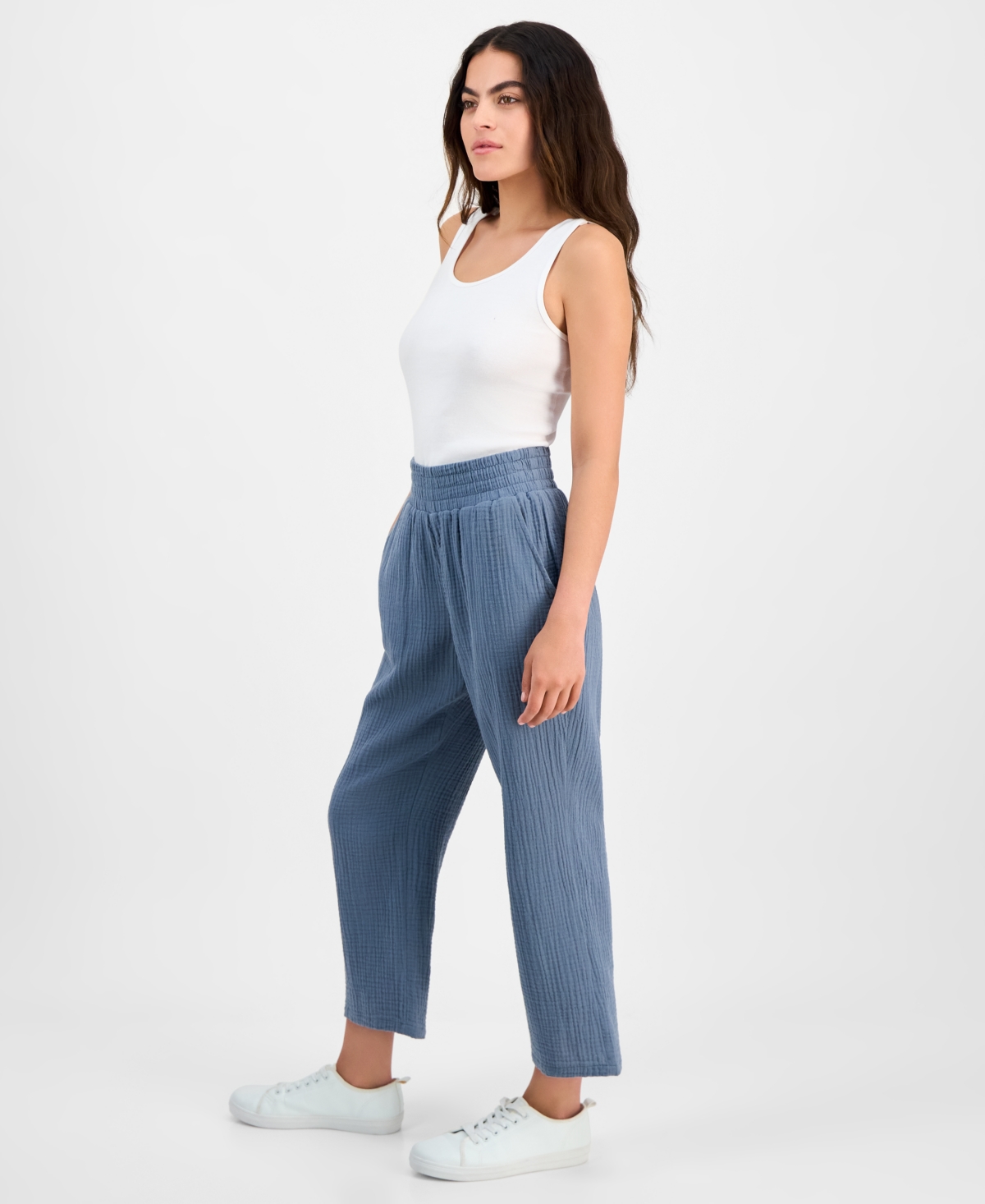 DKNY JEANS PETITE COTTON HIGH-RISE SMOCKED-WAIST PANTS 