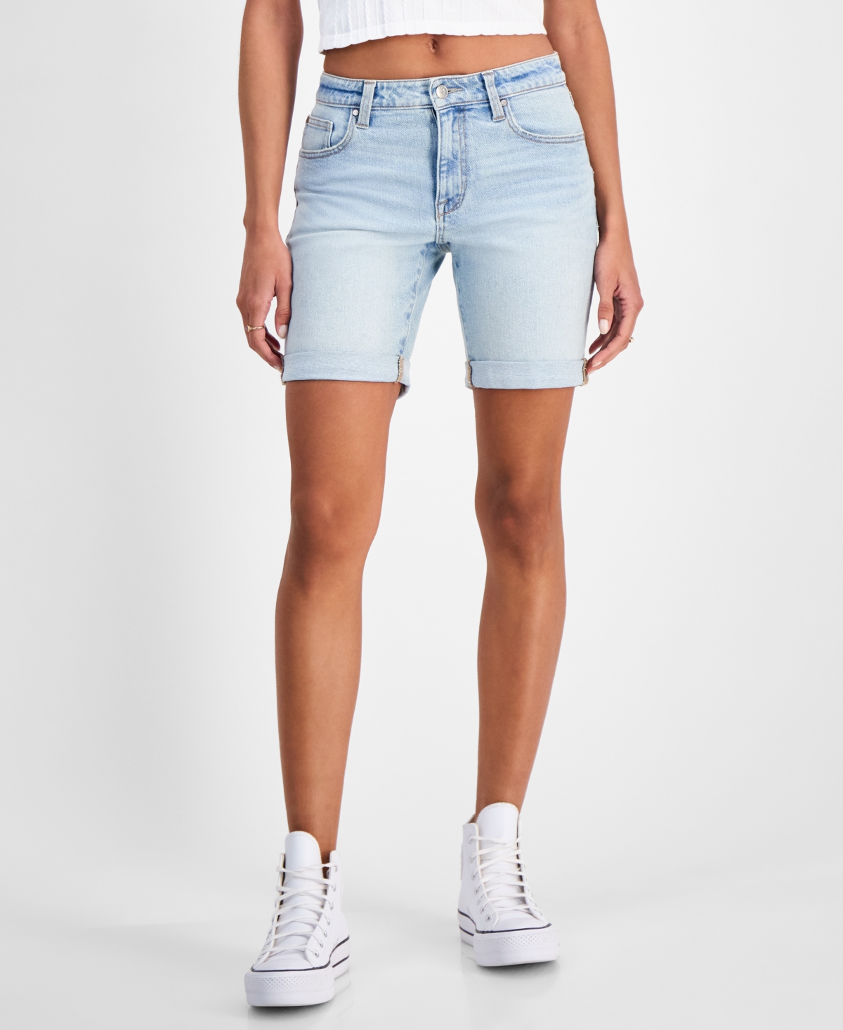 Celebrity Pink Juniors' Cuffed Hem Bermuda Denim Shorts In Cool Hand