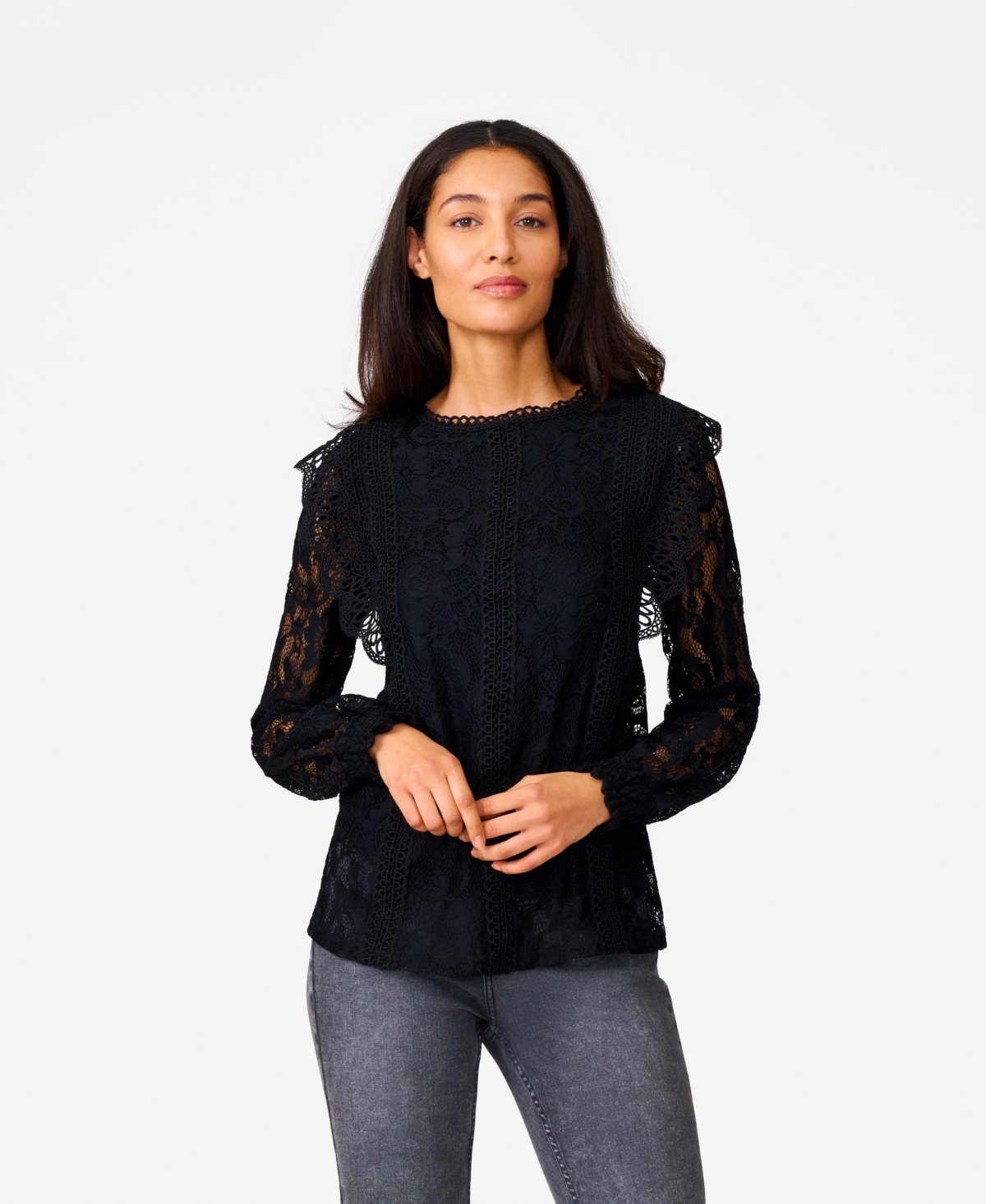 Women's Ruffle & Crochet Trim Lace Top - Jet black