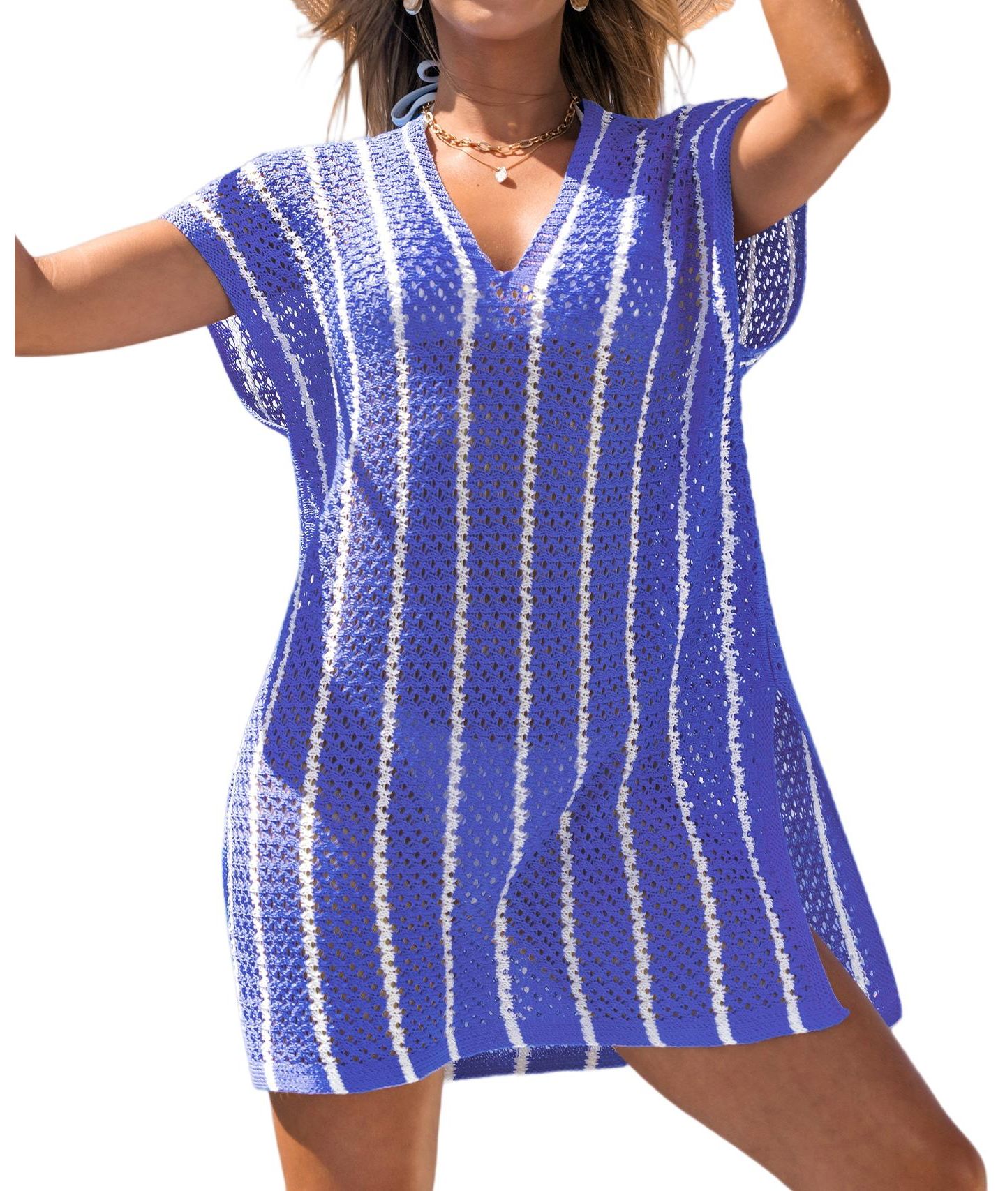 Женское платье Cupshe Ocean Wave Striped Knit Cover-Up, цвет: Средний синий — фото 1