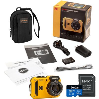 PIXPRO WPZ2 16MP Full HD Waterproof Rugged Digital Camera, Yellow, Bundle with 32GB Memory Card and Camera Bag