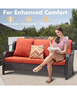 Patio Furniture Sets Outdoor Swivel Rocking Chairs with 50,000 BTU Propane Fire Pit Table 7 Pieces All Weather PE Wicker Conversation Sofa and Matching Side Table